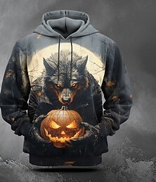 economico -Halloween Per uomo Zucca Lupo mannaro Felpa con Cappuccio Felpe con cappuccio Felpa Moda Cool Manica Lunga Con Cappuccio Nero Tasca Stampa 3D Autunno Inverno progettista