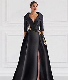 preiswerte -Schwarzes A-Linien Abendkleid Elegantes Kleid Smoking Kleid Formal Bodenlang 3/4 Lange Ärmel Hemdkragen Tasche Satin mit Applikationen Kleid um Eindruck zu machen