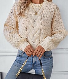 abordables -Femme Pull Chandail mode Couleur unie Grosse maille Col Ras du Cou Tressé manche longue Hauts longs Tricoter Travail Blanche Beige Automne Hiver