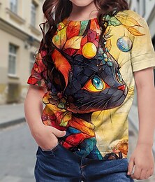 Недорогие -Девочки 3D Графика Кот Футболка С короткими рукавами Лето Весна Мода Классический Дети 4-12 лет Вырез под горло на открытом воздухе Повседневные Стандартный