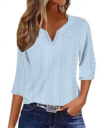 economico -camicetta da donna elegante moderna traforata manica 3/4 lunghezza top regolare scollo a V lavoro quotidiano giallo blu viola verde primavera autunno