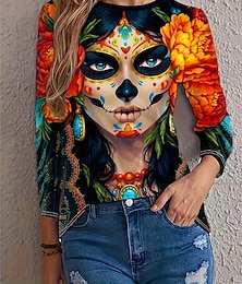 economico -Maglietta da donna Halloween t-shirt tee divertente maniche lunghe blu navy primavera autunno