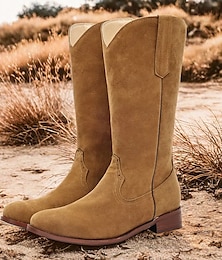 economico -stivali da cowboy western in pelle scamosciata marrone da uomo con linguette di trazione e cuciture classiche - stivali a metà polpaccio in stile vintage