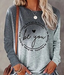 abordables -Mujer Camiseta Ombre Letra Casual Manga Larga Cuello Barco Tops regulares Diario Fin de semana Estampado Gris Primavera & Otoño
