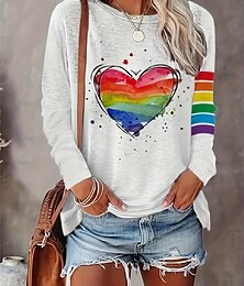 economico -Per donna Maglietta Arcobaleno Casual Manica Lunga Girocollo Top Regolari Quotidiano Stampato Bianco Primavera & Autunno