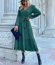 abordables -Robe unie Femme Robe Maxi Lacet Ruché Plein Air Rendez-vous Décontractées Col V manche longue Ample Bleu Orange Vert S M L XL