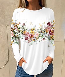 abordables -Camiseta básica de mujer con estampado floral, manga larga, cuello redondo, para fin de semana, para vacaciones, blanca, rosa, roja, azul marino, azul, otoño&amp; invierno