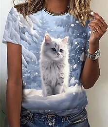 economico -Per donna maglietta Gatto stile sveglio Informale Manica corta Rotonda Top regolari Giornaliero Fine settimana Stampa Blu Estate