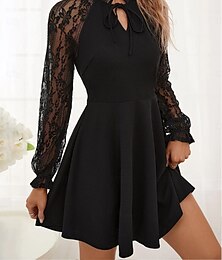 abordables -Femme Dentelle Patchwork robe noire Mini robe Plein Col V manche longue Printemps Automne Noir