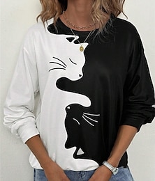 abordables -Sudadera de mujer con estampado de gato para uso diario, informal, cuello redondo, manga larga, microelástica, otoño e invierno, cómoda, transpirable, tejido suave