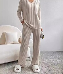 billiga -dam loungewear pyjamasset enkelt hem v-ringad långärmad pullover byxa vår höst svart blå hemoutfits