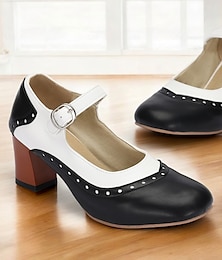 abordables -chaussures à talon carré Mary Jane noires et blanches pour femmes - style rétro avec bride à boucle pour des tenues d'inspiration vintage