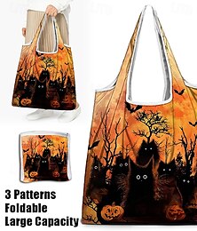 abordables -Bolsa de mano con temática de Halloween con estampado de gato negro y calabaza: bolsa de compras grande reutilizable para ocasiones festivas de otoño