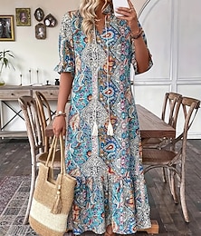 Недорогие -Жен. Длинное платье Повседневное платье Платье в стиле бохо Стиль На каждый день Повседневные Свободное облегание Графика Длинный рукав V-образный вырез Синий Весна Осень