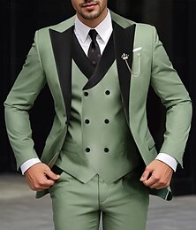 abordables -Trajes de boda y fiesta de hombre salvia gris claro fiesta diaria color sólido corte ajustado 3 piezas de una sola botonadura un botón