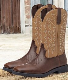 olcso -férfi barna western cowboy csizma - műbőr hímzett részletekkel a klasszikus szabadtéri stílushoz