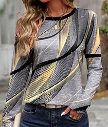 economico -maglietta da donna casual stampa manica lunga top regolari girocollo quotidiano grigio chiaro primavera autunno