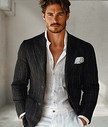 economico -Per uomo Giacca blazer All'aperto Casuale Senza fodera Classico & Senza Tempo Chic & Moderno Primavera & Autunno 100% Lino Lino Strisce verticali Stile Artistico Stile Classico Monopetto Un Bottone