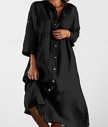 abordables -Femmes Noir Blanche Jaune Été Printemps Robe Midi Robes inspirées du lin Robe Chemise Robe Décontractée Basique Moderne Quotidien Week-end Coupe Ample Uni Col de chemise