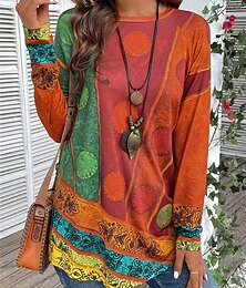 economico -maglietta da donna vintage etnica casual stampa manica lunga maglie lunghe girocollo quotidiano rosso viola verde autunno inverno