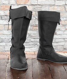 levne -pánské černé ohýbací boty ke kolenům v gotickém renesančním stylu se šněrováním vzadu, ideální na kostýmní párty a středověké rekonstrukce