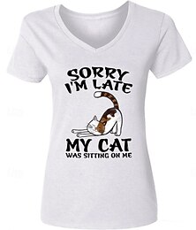 economico -maglietta da donna casual gatto lettera stampa manica corta top regolari scollo a V quotidiano grigio chiaro estate sto bene