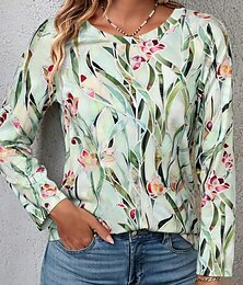 お買い得  -レディース Tシャツ カジュアル プリント 長袖 レギュラー トップス クルーネック デイリー ライトグリーン 春 秋