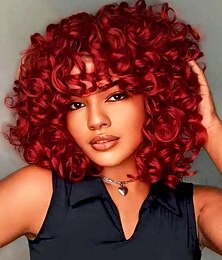 Недорогие -вьющиеся парики для чернокожих женщин, короткий вьющийся парик с челкой, большие свободные милые кудрявые вьющиеся волосы, синтетические мягкие парики для ежедневного косплея на вечеринку
