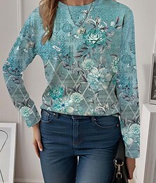 economico -maglietta da donna casual stampa manica lunga top regolari girocollo quotidiano blu primavera autunno