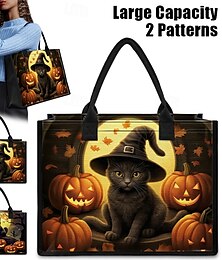 abordables -Bolsa de mano con temática de Halloween con diseño de gato negro y calabaza: bolsa de compras reutilizable de gran capacidad para mujeres