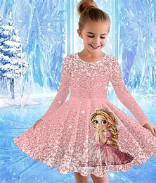 abordables -FILLE 3D Graphic Bande dessinée Robe manche longue Eté Printemps Vacances du quotidien Magnifique Doux Enfants 4-12 ans Robe casual Robe Trapèze Mi-long Standard