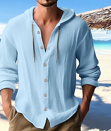 economico -Per uomo Camicia camicia di lino Camicia in calicò Abbigliamento mare Camicia con bottoni Camicia con cappuccio Liscio Informale Giornaliero Nero Bianco Blu Verde Manica lunga Con cappuccio Primavera