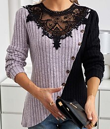 olcso -Női elegáns csipke felsők szemlyukasztás blúz stílusos modern csipke hosszú ujjú normál felsők kerek nyakú munka napi romantikus kisméretű felsők nyári szabadságra fekete szürke tavasz ősz tél