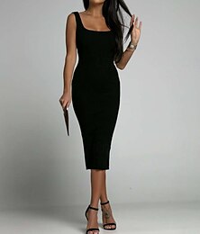 economico -Per donna Vestito nero Vestito longuette Freddezza Informale Girocollo Senza maniche Nero Bianco Blu Colore