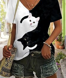 preiswerte -Damen T-Shirt Basic Casual Farbblock Katzendruck Kurzarm Normal Oberteile V-Ausschnitt Alltag Schwarz-Weiß Blau Orange Sommer