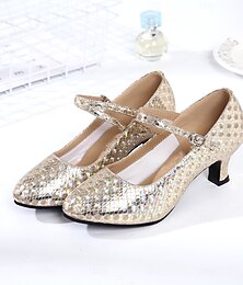 voordelige -Gouden glitter ballroom dansschoenen voor dames met Mary Jane-bandje, gesloten hakken voor Latijns-Amerikaanse dans en salsadansen
