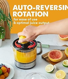 preiswerte -Elektrische Zitruspresse, kompakt, großes Volumen, Fruchtfleischkontrolle, Orangen, Zitronen, Limetten, Grapefruits, mit Ausgießer
