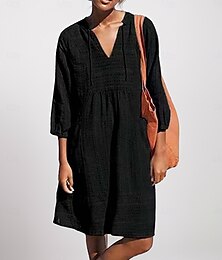 abordables -Femmes Noir Bleu Vert Été Printemps Robe Midi Robes en coton et lin Robe d'été en coton Occasionnel Vacances Quotidien Coupe Ample Uni Col en V