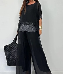 economico -Per donna Elegante Di tendenza Blusa Pantaloni Manica a 3/4 Rotonda Tinta unica Con lustrini Retato Ufficio Giornaliero Nero Viola Marrone Estate Morbido