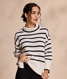 お買い得  -女性用 ニット タートルネック リブ ニット ウール混 ベル 秋冬 カジュアル／普段着 カジュアル 普段着 長袖 縞 ホワイト S M L