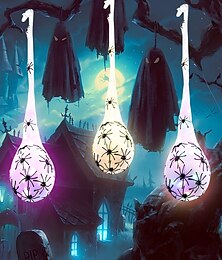 abordables -Paquete de 3 luces colgantes para decoración de Halloween, sacos de huevos de araña, araña grande de Halloween y telaraña con luz solar de cadena, accesorios de araña para decoración de fiesta de