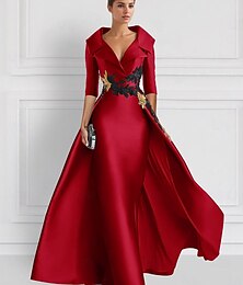 preiswerte -Rot A-Linie Vintage Besticktes Abendkleid Elegantes Kleid Smoking Kleid Formal Bodenlänge 3/4 Länge Ärmel Hemdkragen Satin mit Applikationen 2025