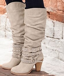 abordables -Botas altas hasta la rodilla holgadas de color beige para mujer con detalles de hebillas y tachuelas, estilo western vintage para uso informal en otoño e invierno