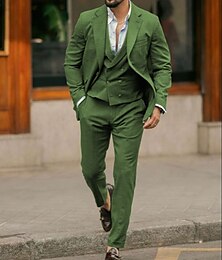 abordables -Costumes en lin de mariage d'été pour hommes verts mode décontractée uni coupe ajustée 3 pièces à boutonnage simple à deux boutons