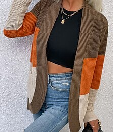 abordables -Femme Gilet Cardigan Pull décontracté Décontractées Flexible Bloc de couleur Col V Tricoté manche longue Hauts réguliers Tricoter Extérieur du quotidien Fin de semaine Bleu Marron Automne Hiver