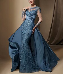 levne -Mořská panna vánoční šaty pro matku nevěsty elegantní šaty s drahokamovým límcem s vlečkou  kartáčováním elastický satén dlouhý rukáv s krajkovým flitrovým nařasením které okouzlí