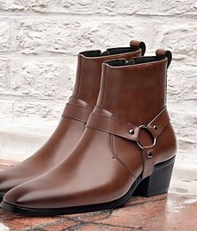 preiswerte -braune Motorradstiefeletten aus Kunstleder für Herren mit Riemen und Metallringdetail – stylische Bikerstiefel im Western-Stil
