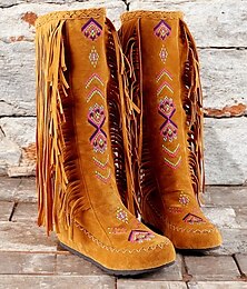 abordables -Botas hasta la rodilla de gamuza sintética bordada con flecos para mujer, estilo bohemio para festivales y ropa informal