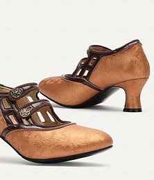 levne -Dámské Podpatky Obuv s potiskem Retro Mary-jane Práce Denní Barevné bloky Výšivka Knoflík Vysoký úzký Oblá špička Elegantní Vinobraní Mikrobiální kůže PU Spona Tmavěhnědá Zářivě černý