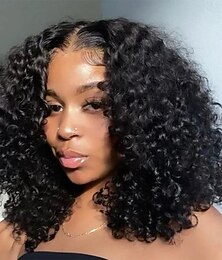 abordables -Perruque Cheveux Naturel humain 13x4 devant en dentelle Cheveux Brésiliens Kinky Curly Ondulation Noir Naturel Partie libre perruques pour femmes noires Densité 130% 150% 180% avec des cheveux de